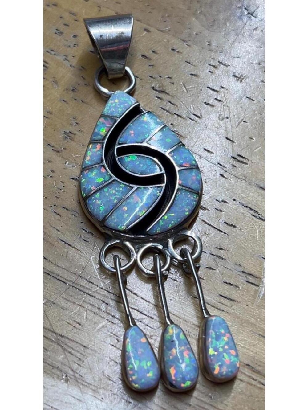 Native American Zuni sterling silver opal inlay cluster pendant -Amy Quandalacy